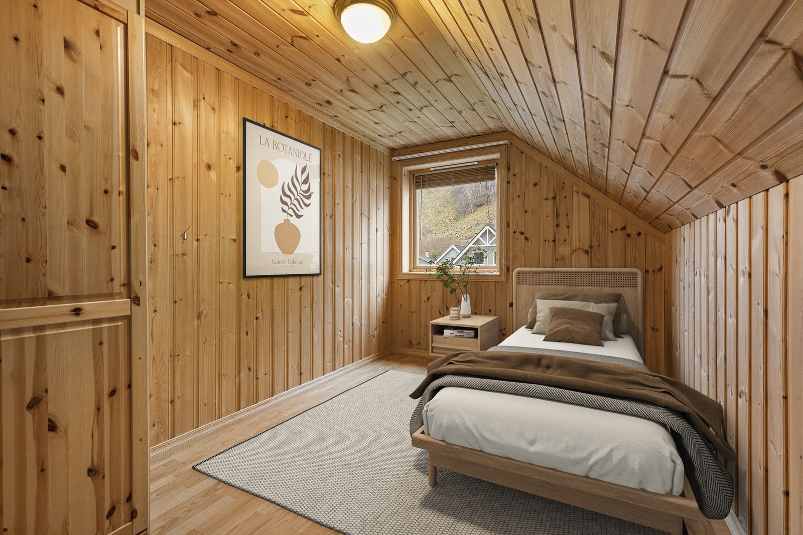 Soverom med plass til ei enkel seng og nattbord. Galleribilde