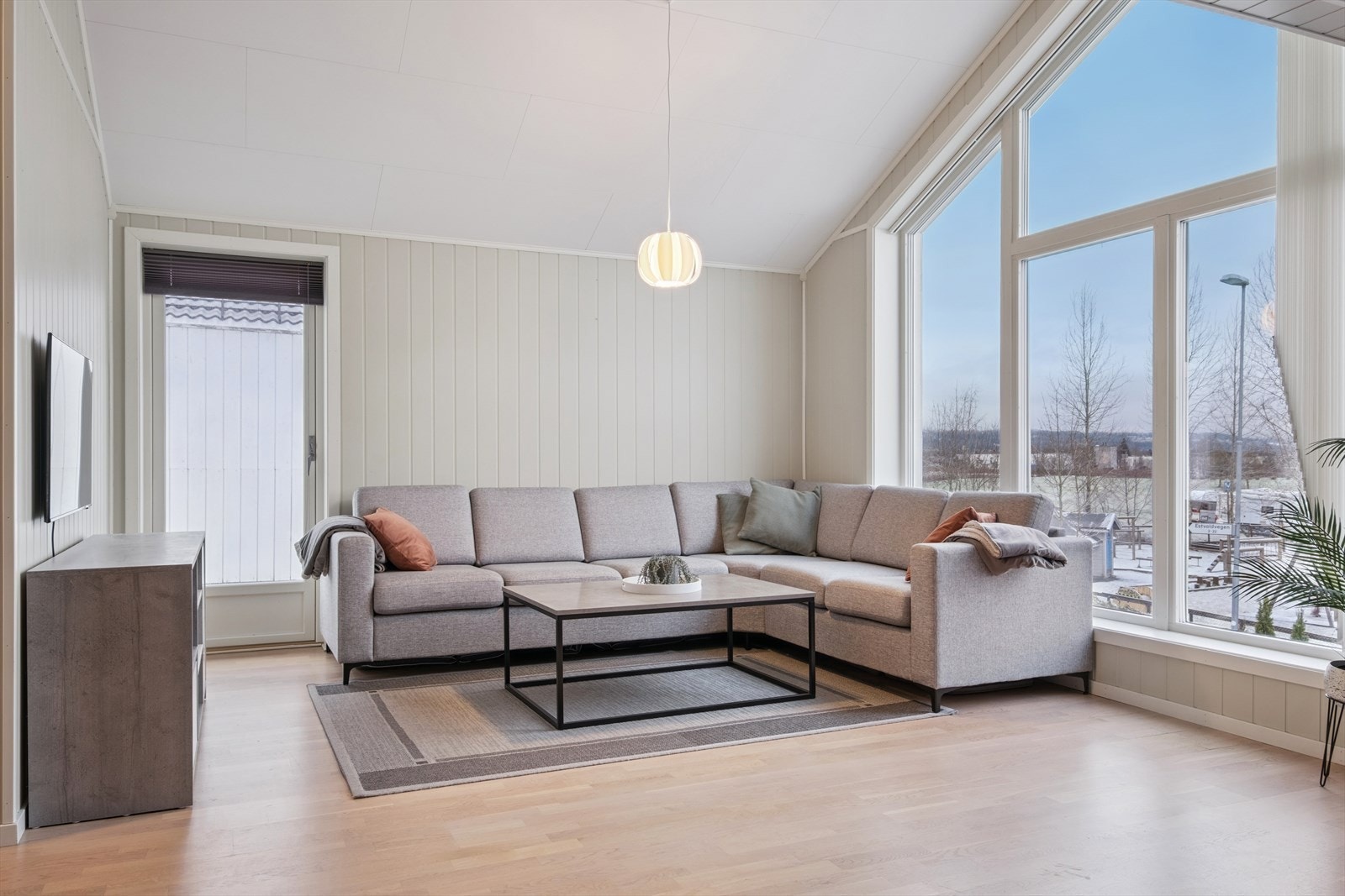 Naturlig hjørne med sofa og tv. Utgang til takterrassen. Galleribilde