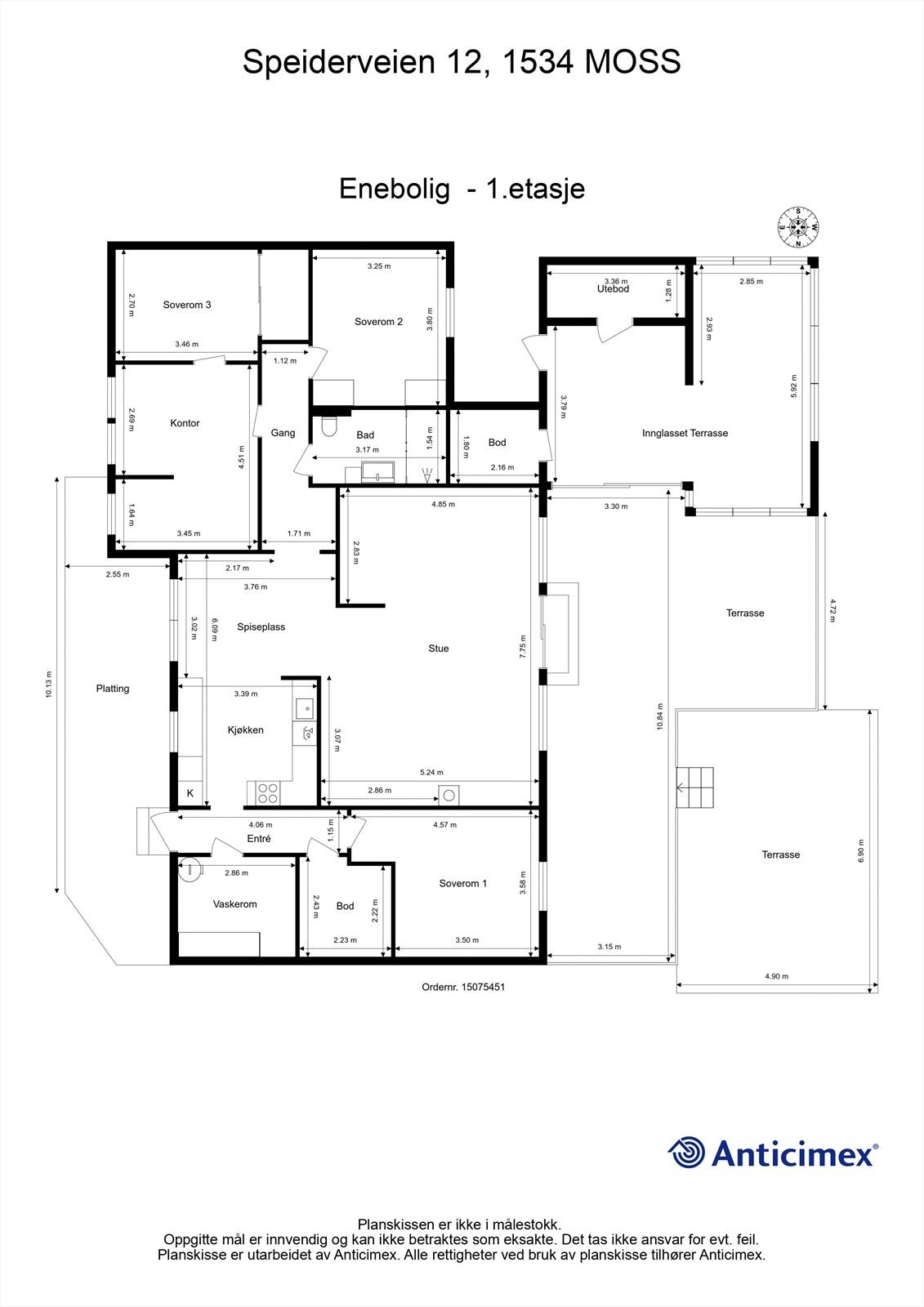 Veiledende skisse av boligens innholdsrike romløsning med alt på én flate. Galleribilde
