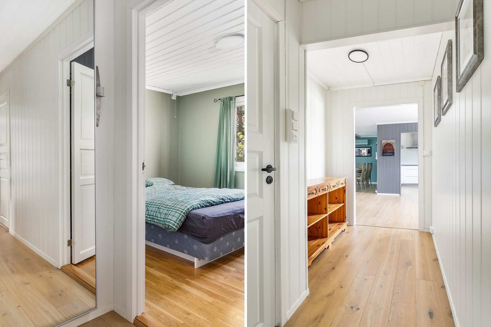 Omkring gangen innenfor spisestuen er badet og to av boligens tre soverom samlet i praktisk nærhet. Galleribilde