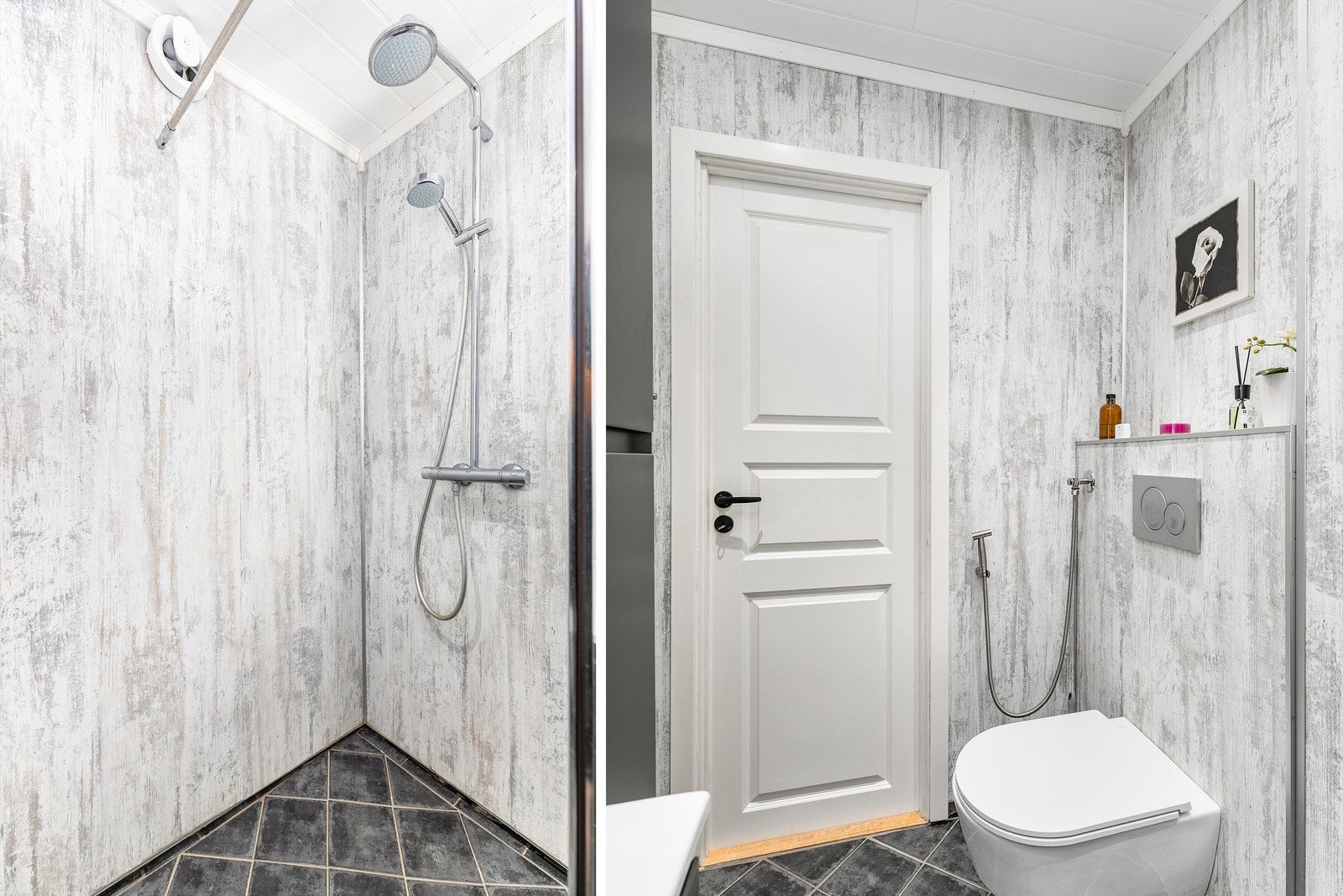 Sidehengslede glassdører som avskjermer dusjhjørnet i nisje ble montert i 2020. Grunnet bl.a. utførelse og alder er badet i sin helhet gitt TG 2. Galleribilde