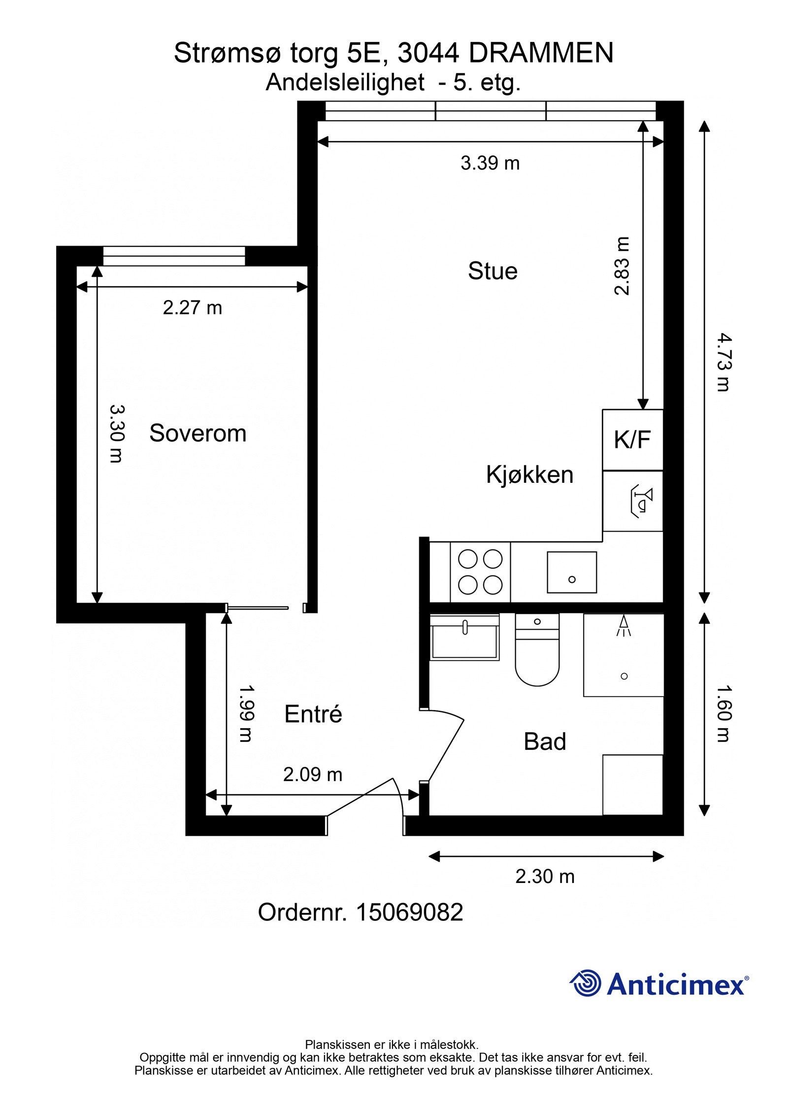 Leiligheten består av entrè, bad, stue med åpen kjøkkenløsning og et soverom Galleribilde