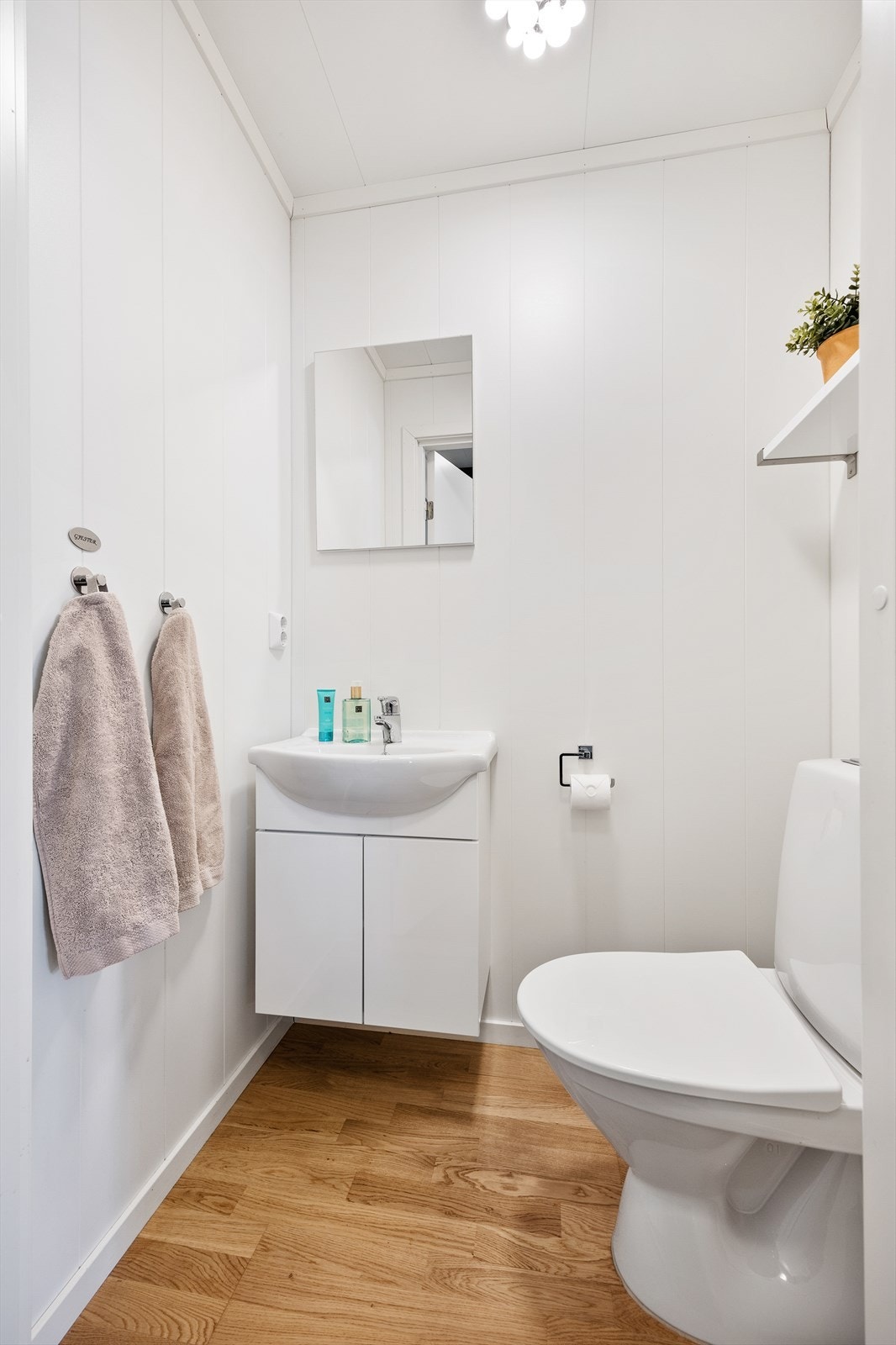 Praktisk toalettrom med vask og toalett. Galleribilde