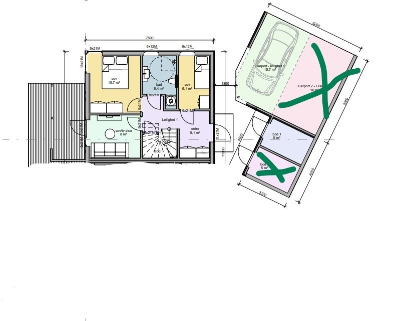 Plantegning hovedetasje - Hvor det er kryss tilhører naboleiligheten. Galleribilde