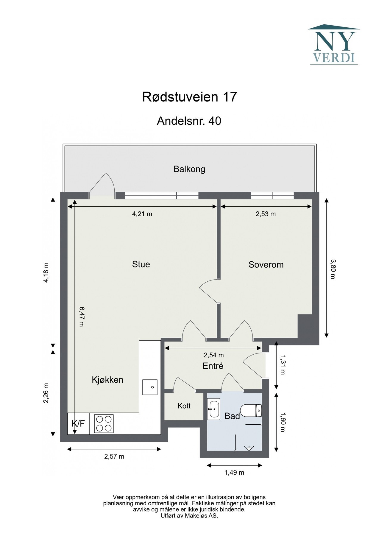 Plantegning. I tillegg disponerer leiligheten en kjellerbod på ca. 3,2 kvm. Galleribilde
