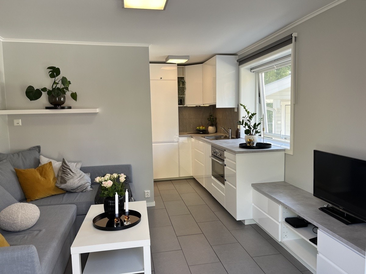 Lys og moderne stue med kjøkkenløsning Galleribilde