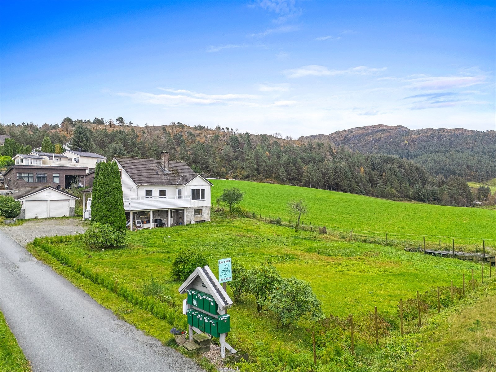 Dobbel garasje. Nyplantet hekk langs adkomstvei. Galleribilde