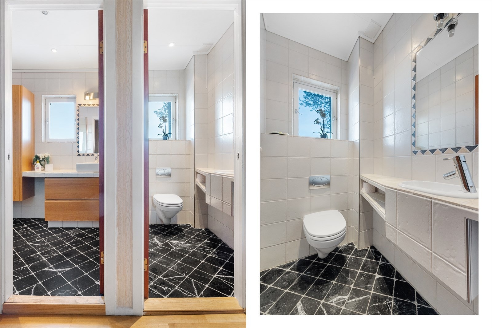 Praktisk toalettrom med vegghengt klosett, fliselagt benkeplate med nedfelt vask og innfliset speil. Baderommet er til venstre, og begge var pusset opp i ca 2005 Galleribilde