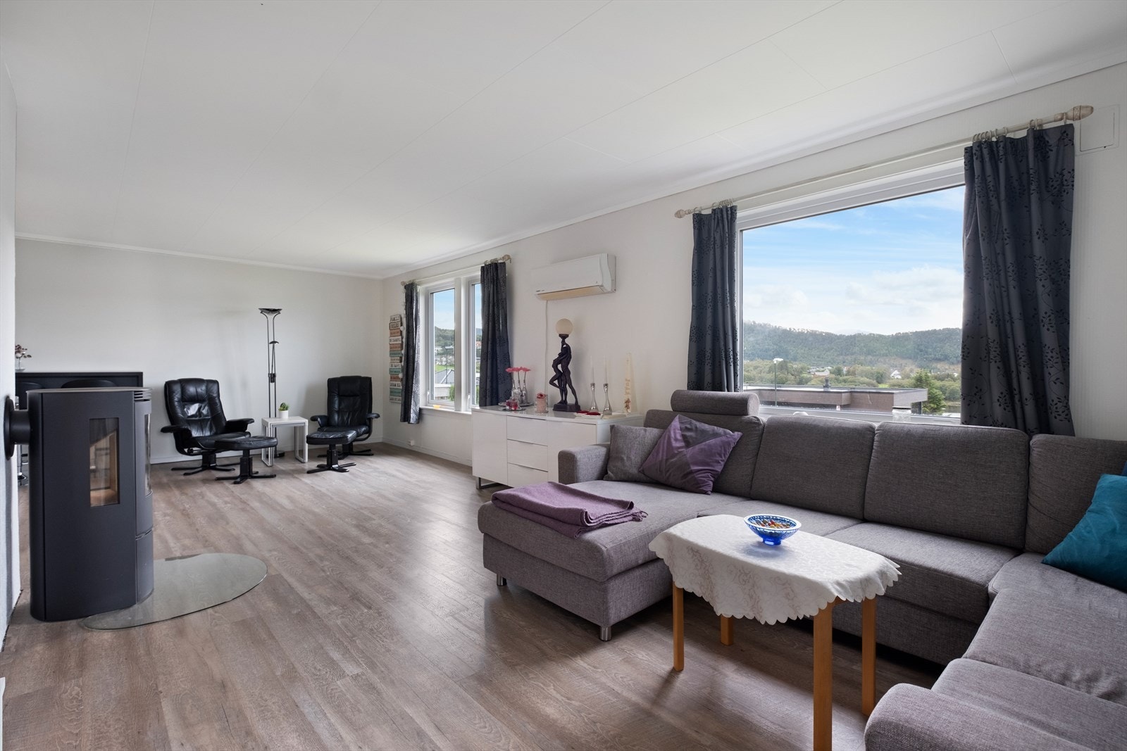 Det er både vedovn og varmepumpe på stuen Galleribilde