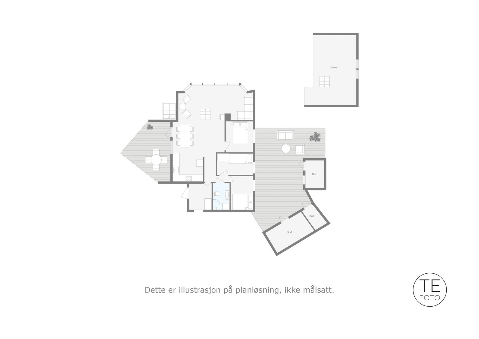 Hemsen som ligger over soverom og bad, har et samlet gulvareal på 21 kvm. (,men ikke måleverdig grunnet lav takhøyde) Galleribilde