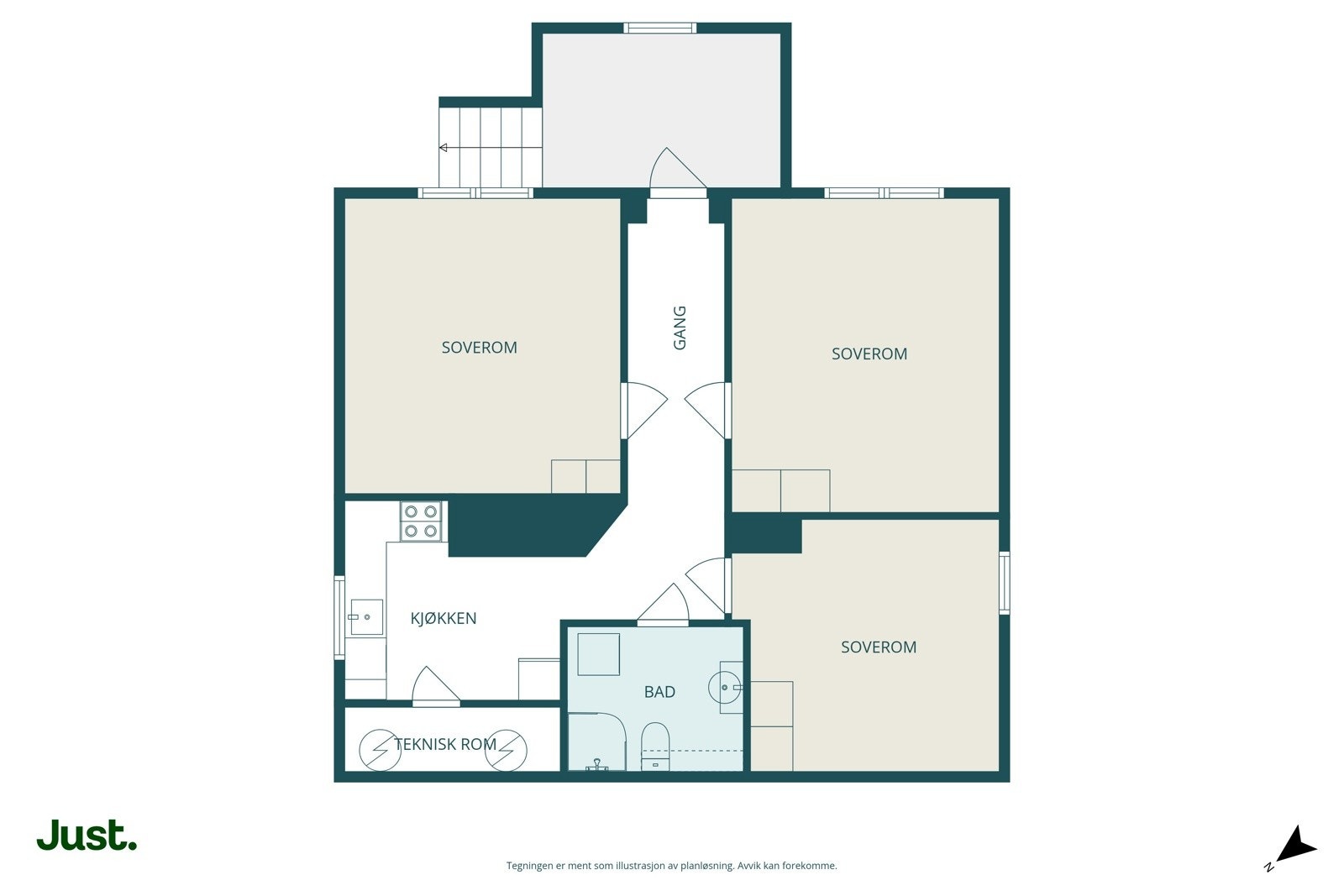 Planskisse sokkeletasje. Her er det innredet som utleiedel med 3 stk hybler. Galleribilde