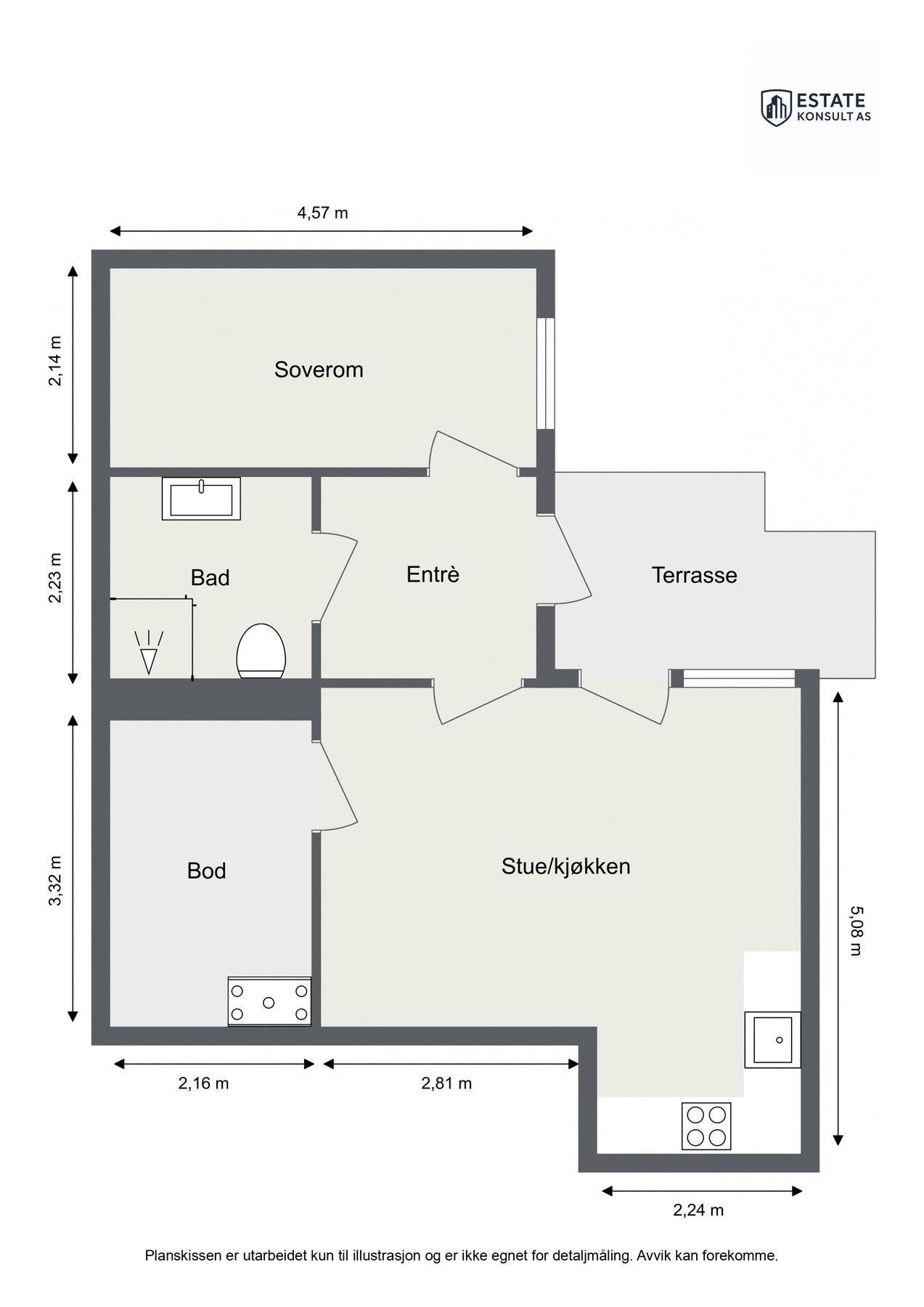 Før vi blar videre ser vi nærmere på boligens planskisse, slik at du får orientert deg litt. I tillegg til innvendige bod på hele 5 kvm disponerer leiligheten en ekstern bod i kjeller. Galleribilde