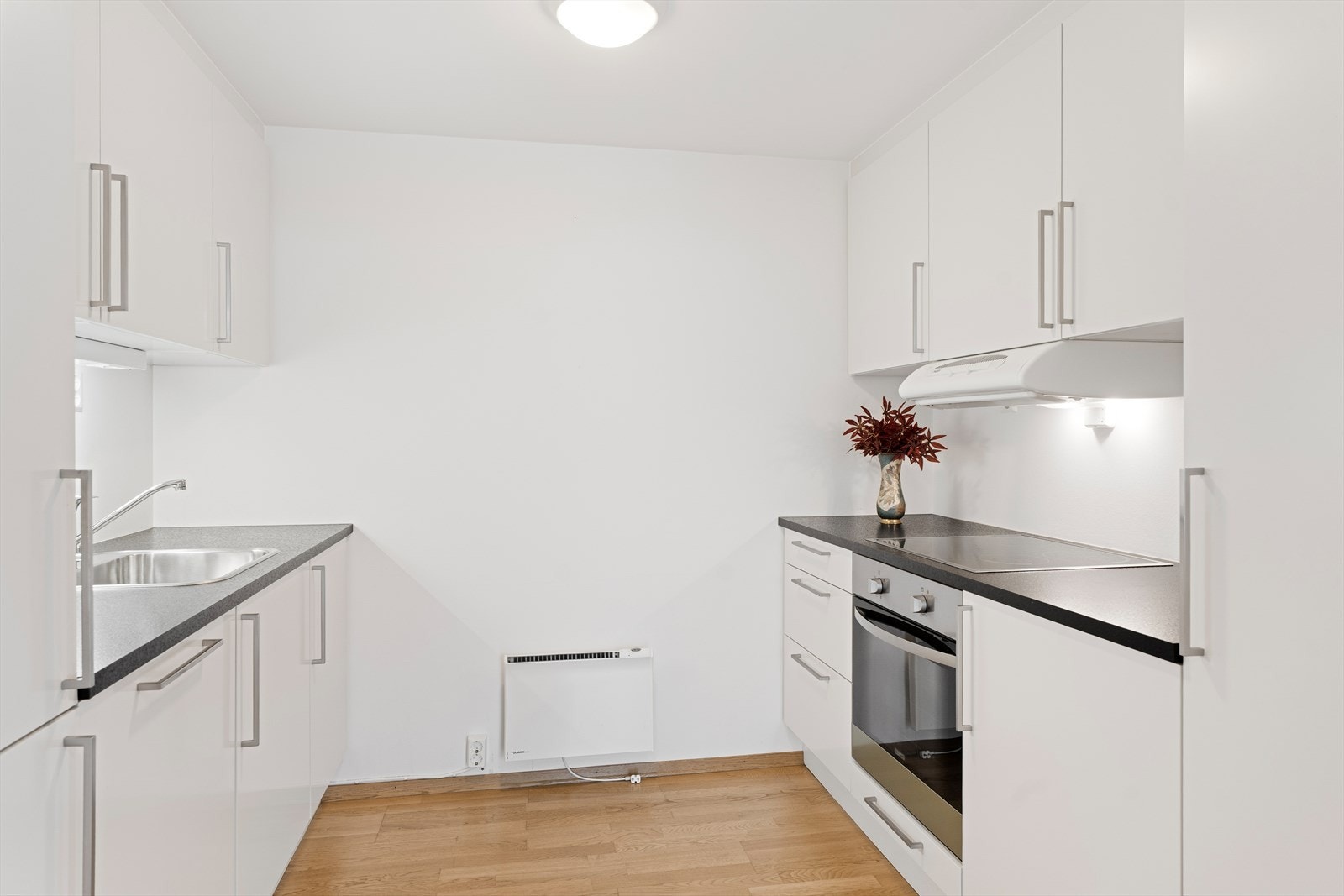 Kjøkkenet er utstyrt med en moderne, prefabrikkert innredning med glatte, hvite fronter og laminat benkeplate - alle hvitevarer er integrert for et stilrent uttrykk Galleribilde