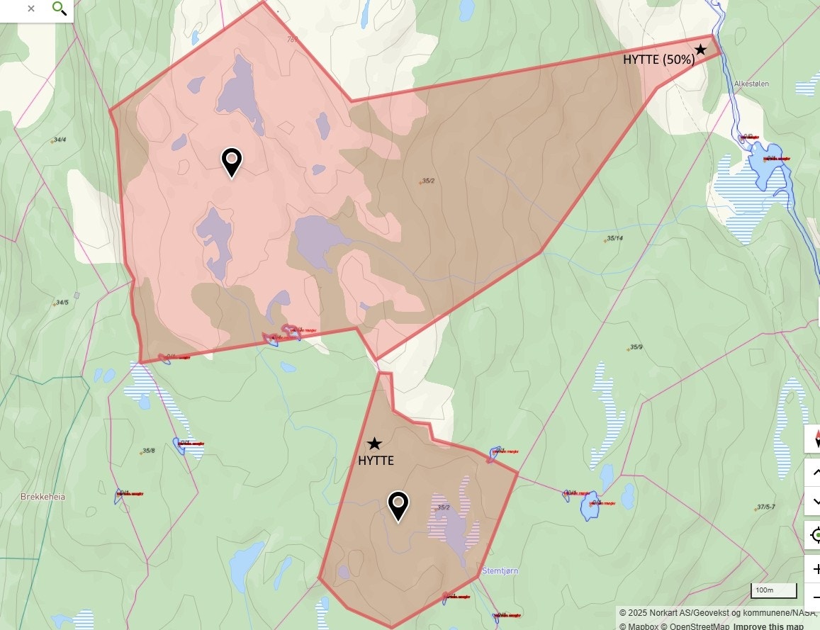 Kart fjellareal og markering hytte Galleribilde