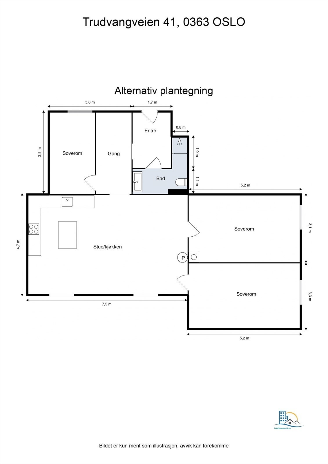 Det er muligheter for å flytte kjøkken og etablere et ekstra soverom - kun ment som illustrasjon. Galleribilde