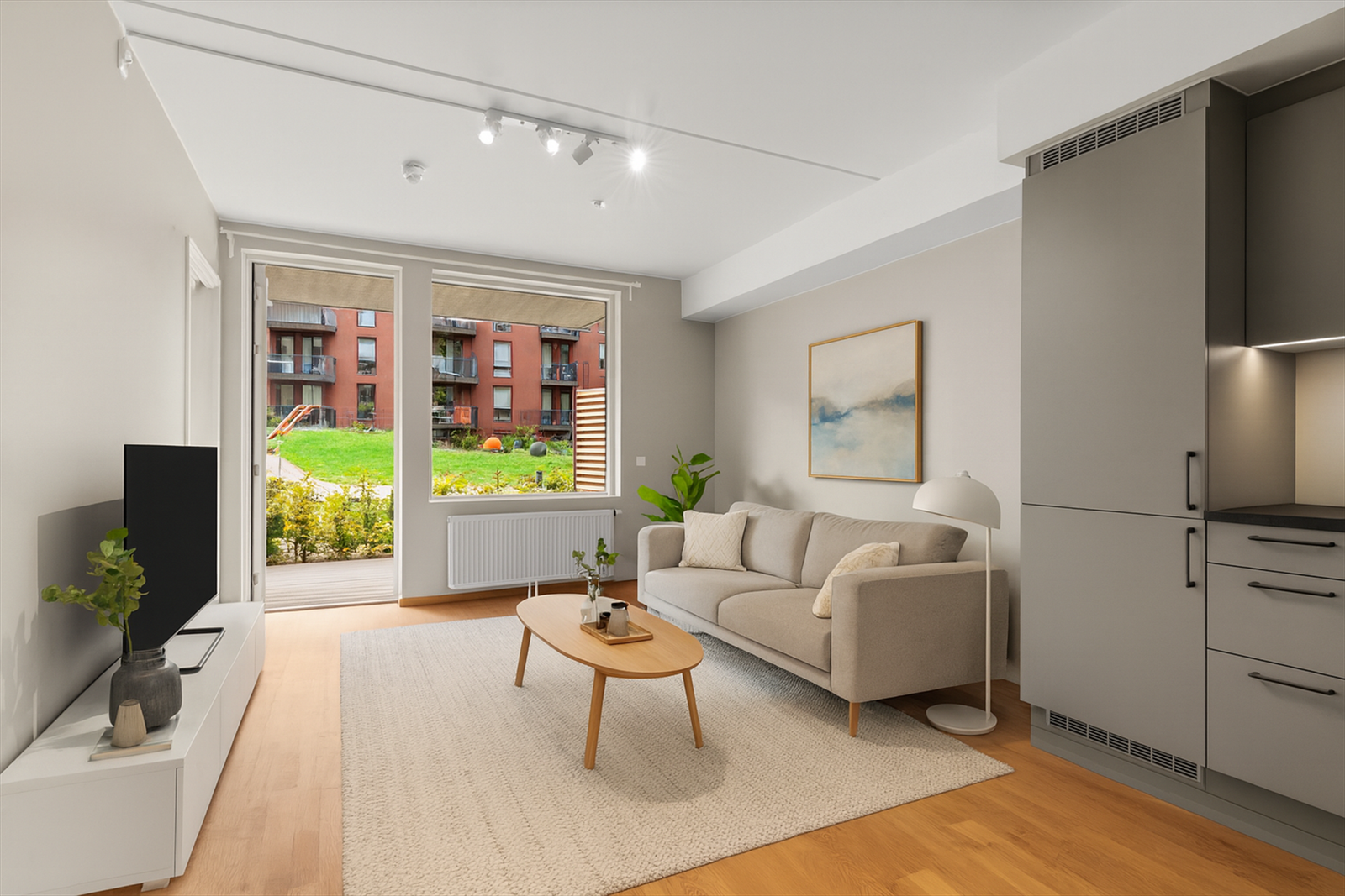 Stuen er romslig og har god plass til sofagruppe med tilhørende salongbord, TV-sjenk eller annet ønskelig stuemøblement. (Digitalt stylet) Galleribilde