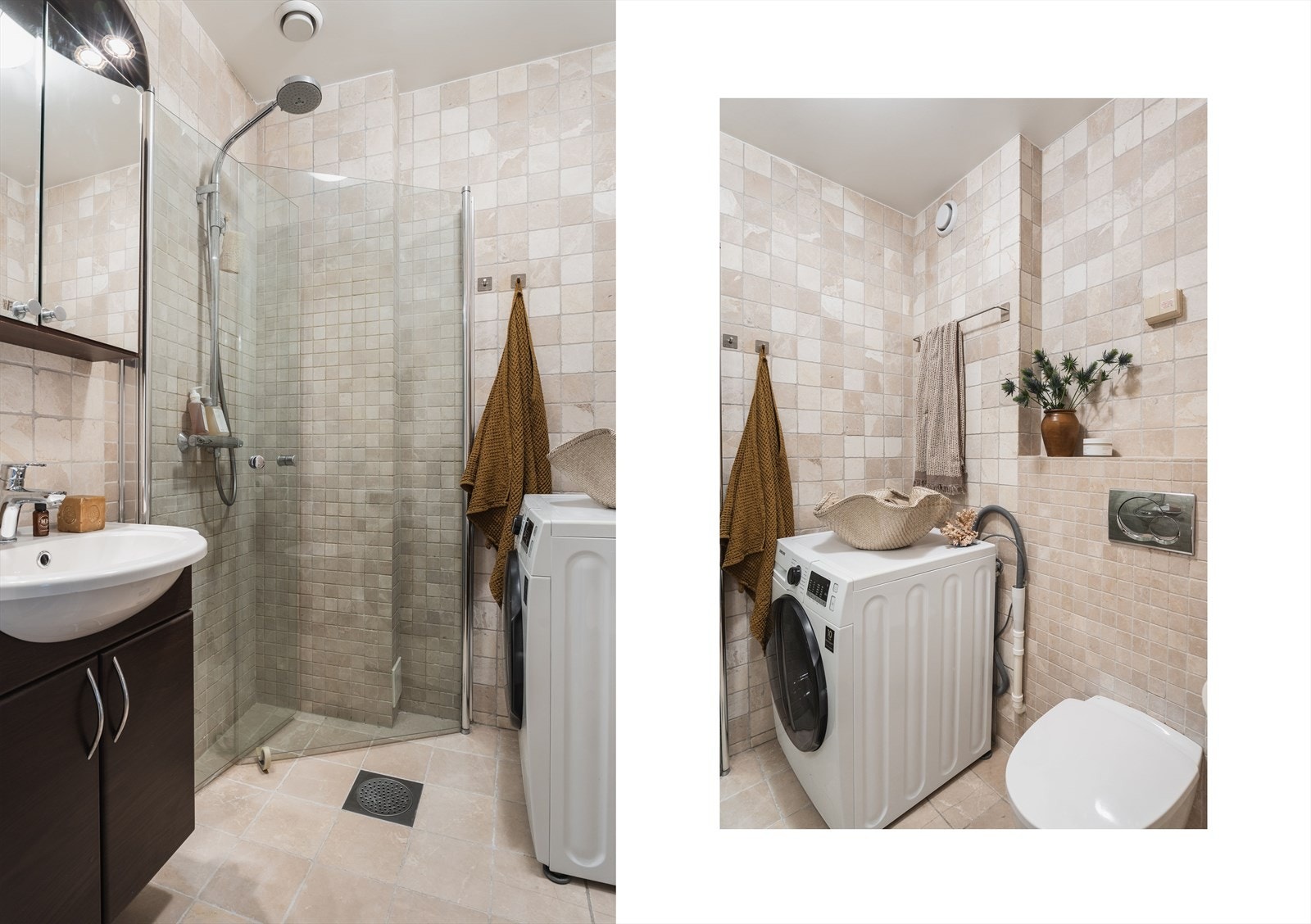 Baderommet er utstyrt med servant, servantskap, wc, dusjhjørne m/ innfellbare dusjdører og opplegg for vaskemaskin Galleribilde