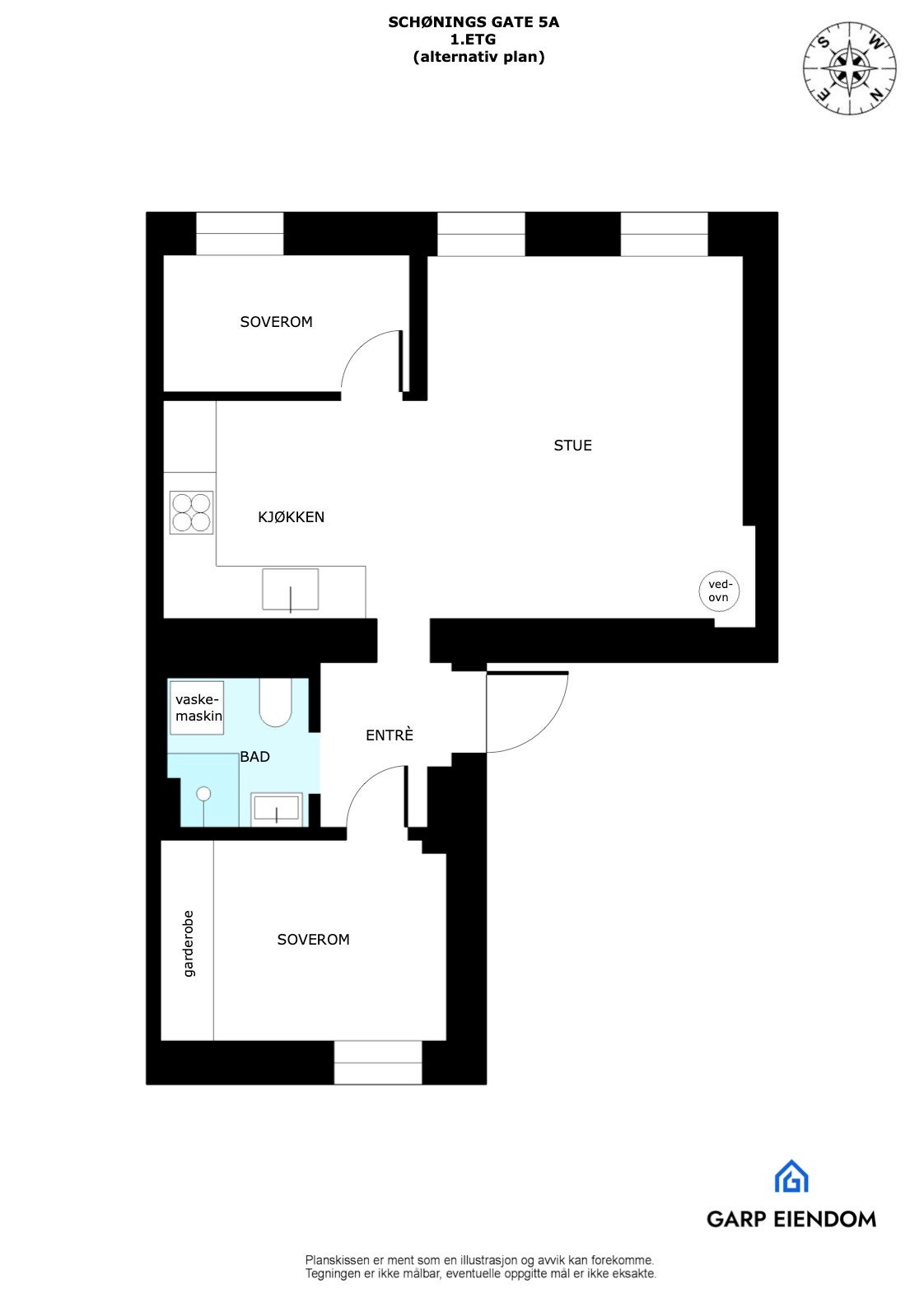 Illustrasjon alternativ planløsning, ny eier har ansvaret for at eventuelle endringer i planløsning oppfyller dagens krav. Galleribilde