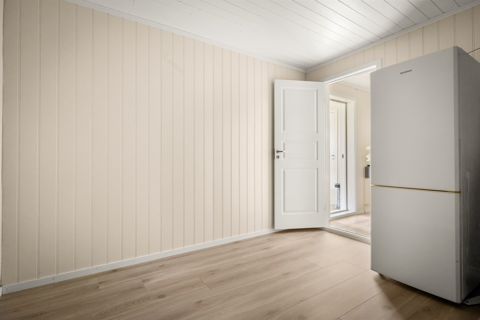 Laminatgulv og panelplater på vegger gir en solid innvendig finish. Døren gir tilgang til gangområdet, som har tilknytning til øvrige rom i boligen. Galleribilde