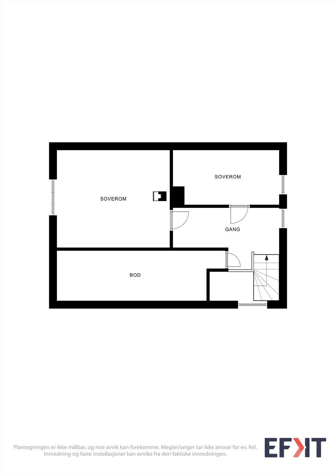Plantegning for 2. etasje, som rommer gang og to soverom. Galleribilde