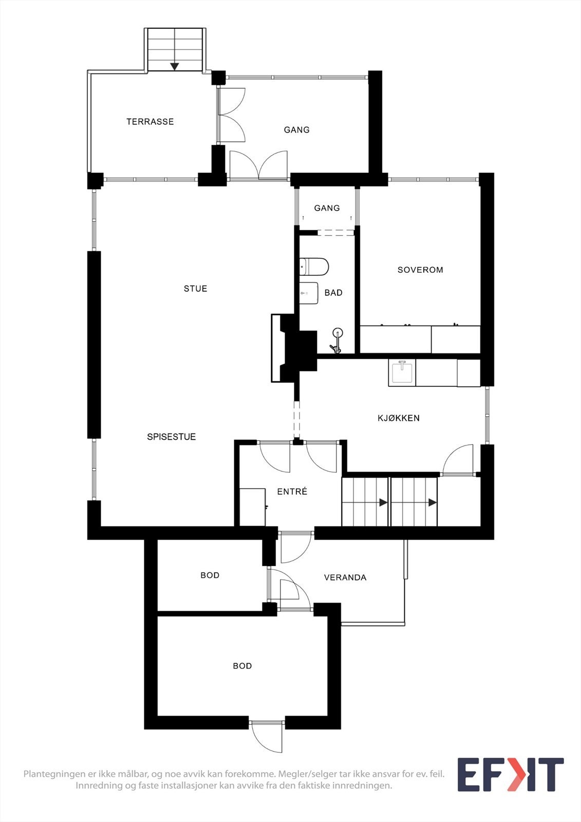 Plantegning for 1. etasje, som inneholder stue, kjøkken, bad, soverom og entré. Galleribilde