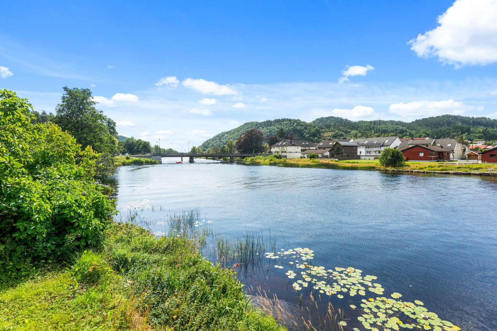 Sommer og idyll! Eiendommen har 90 meters strandlinje mot Audnaelva som innbyr til bading, kajakkpadling og sup. Galleribilde