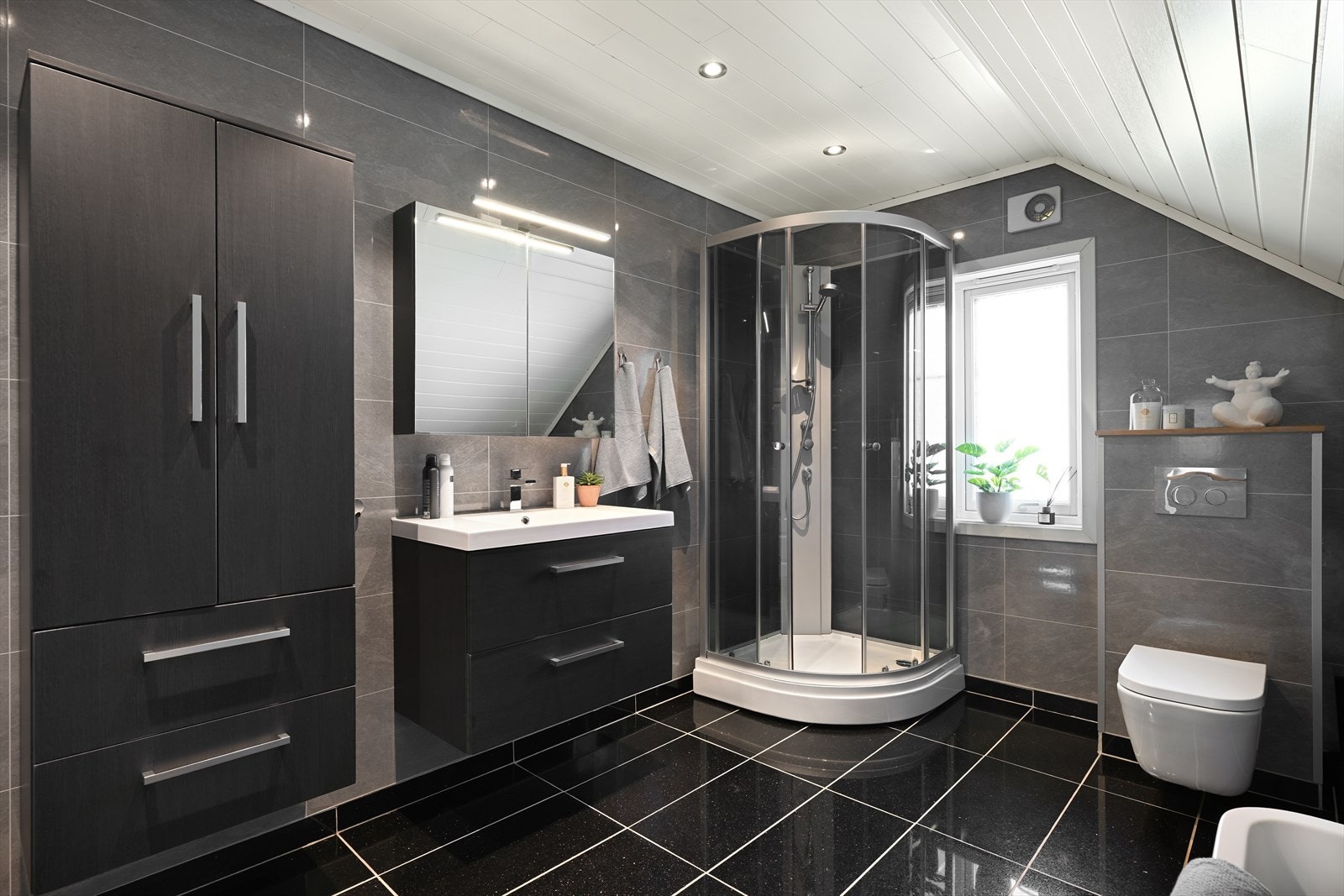 Badet har dusjkabinett og vegghengt toalett, Godt skap og innredning Galleribilde