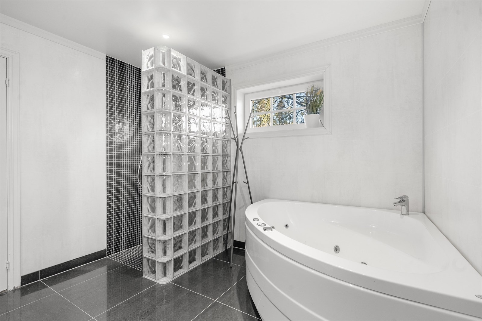 En vegg i glassbyggerstein skiller dusjsonen fra badekaret. Galleribilde