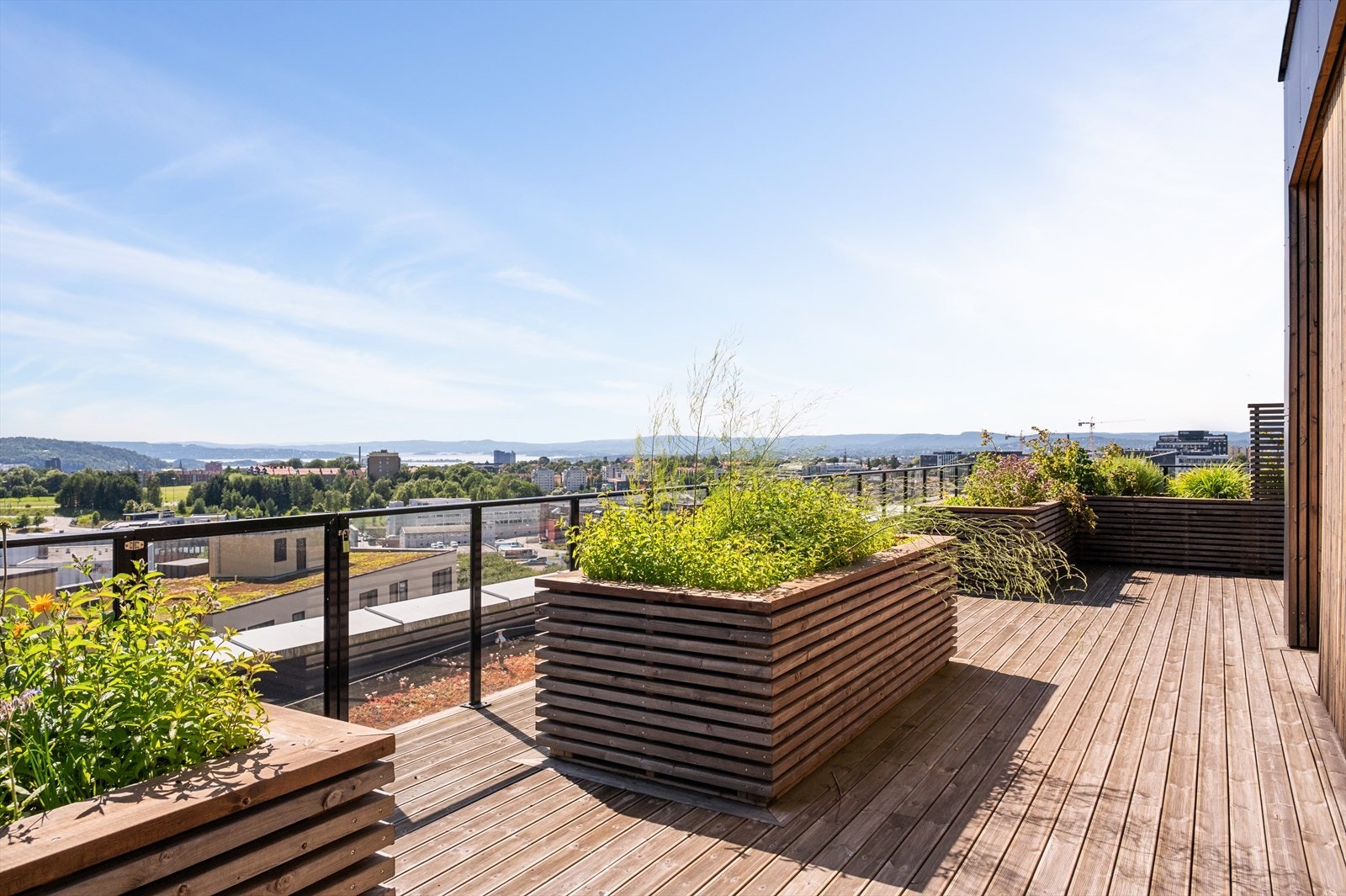 Takterrassen er pent opparbeidet med hyggelig beplantning. Galleribilde