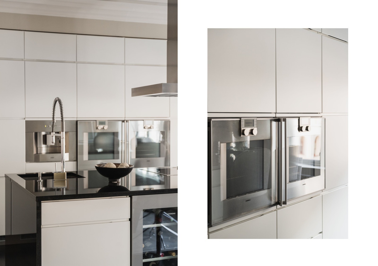 Hvitevarene er fra kvalitetsleverandøren Gaggenau og omfatter to kjøleskap med frysedel, oppvaskmaskin, komfyrer, kaffemaskin og induksjonstopp. Galleribilde