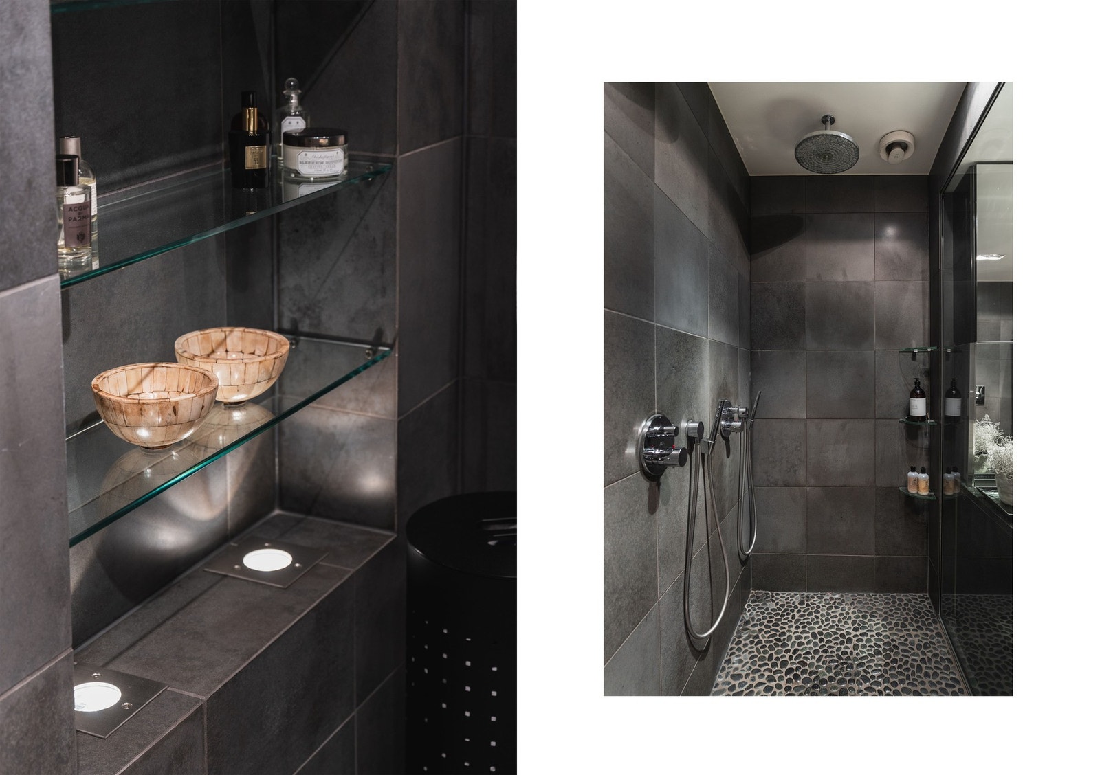 Innfelte glasshyller og gjennomtenkte detaljer fullfører helheten. Dusjssonen er utstyrt med regnfallsdusj. Galleribilde