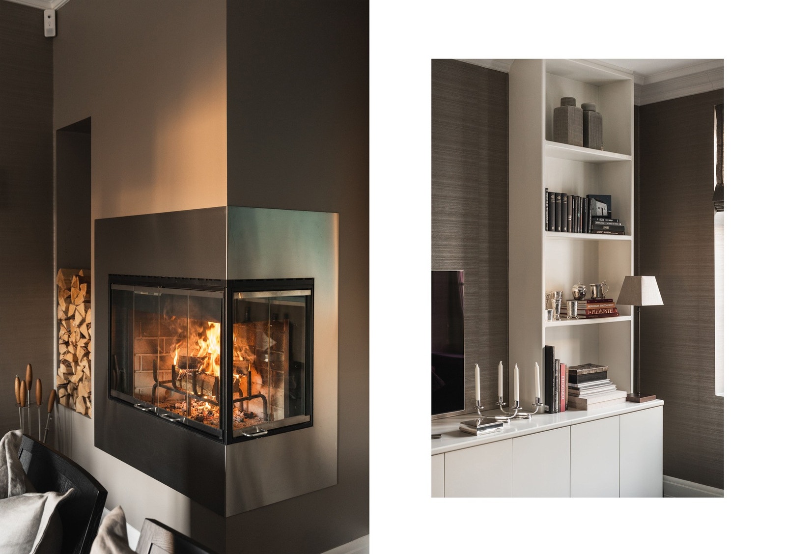 Elegant peis med glass på to sider og plassbygd skapløsning understreker boligens gjennomførte kvaliteter. Galleribilde