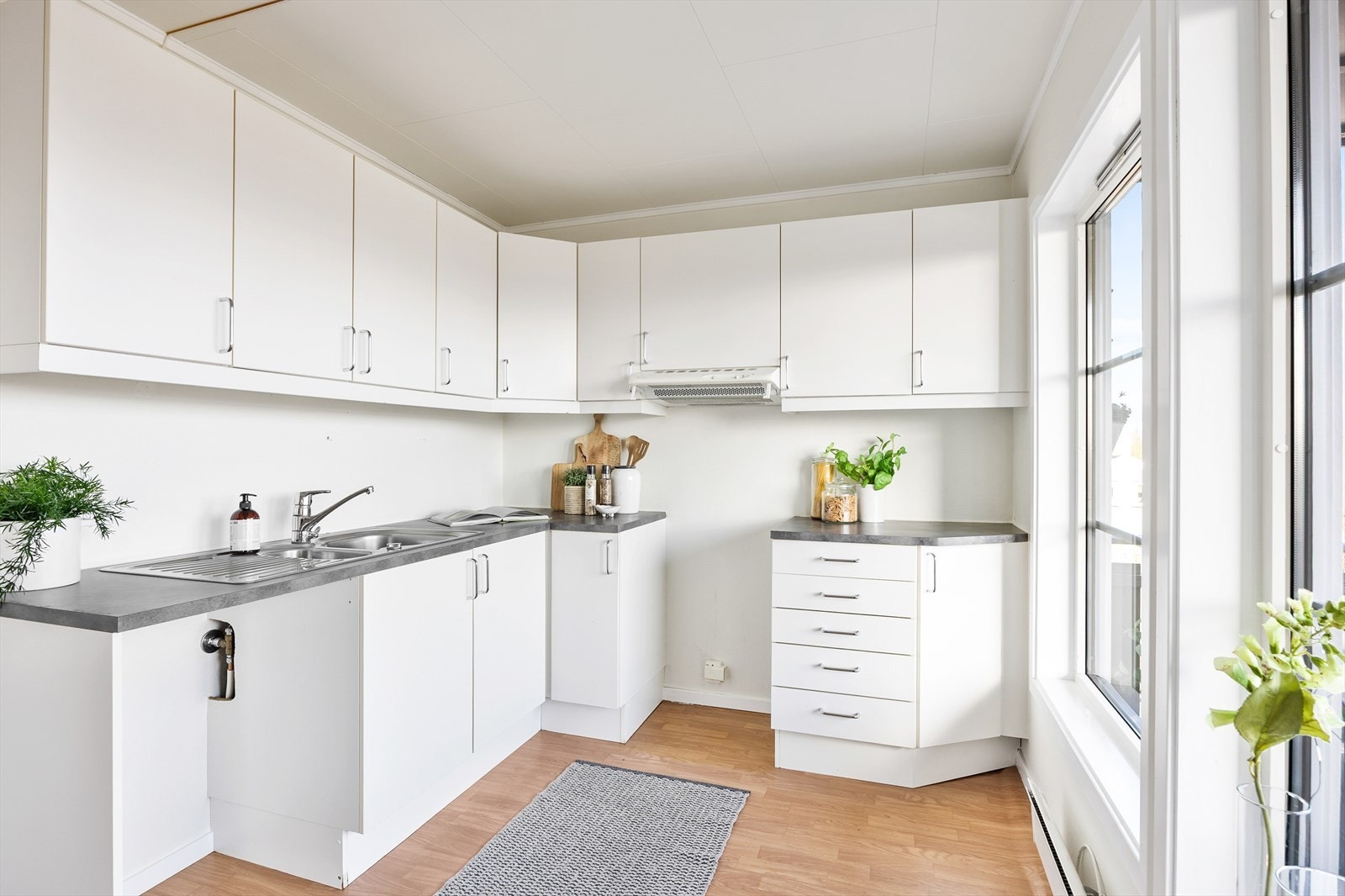 Kjøkkenet er utstyrt med ventilator med avtrekk ut og har rikelig med skapplass. Galleribilde