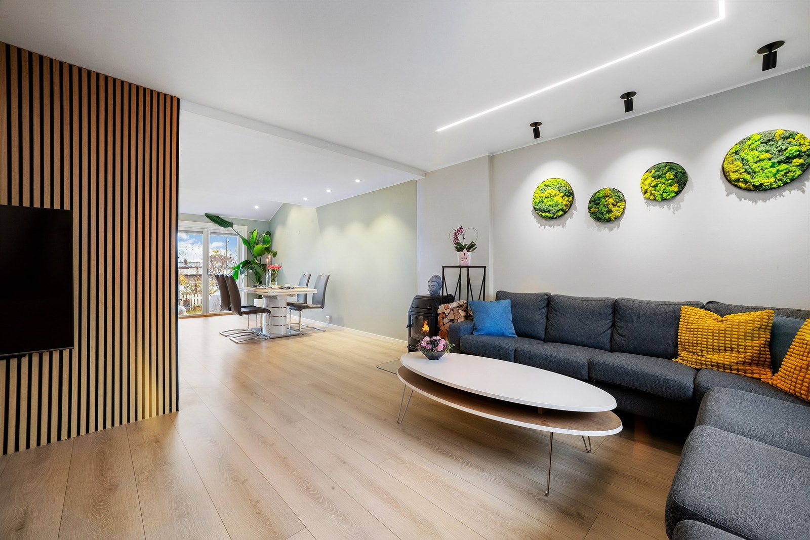 I stuen er det montert spilevegg med vegghengt feste til TV'en Galleribilde