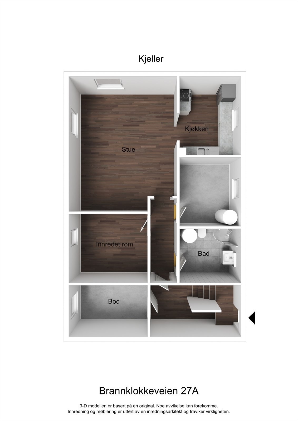 3D planillustrasjon av kjelleretasje. Denne etasjen er ikke søkt eller godkjent bruksendret. Galleribilde