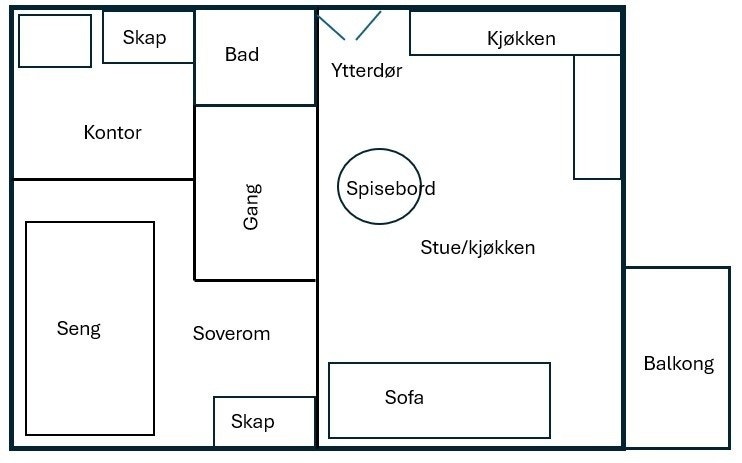 En ca planløsning leilighet. Galleribilde