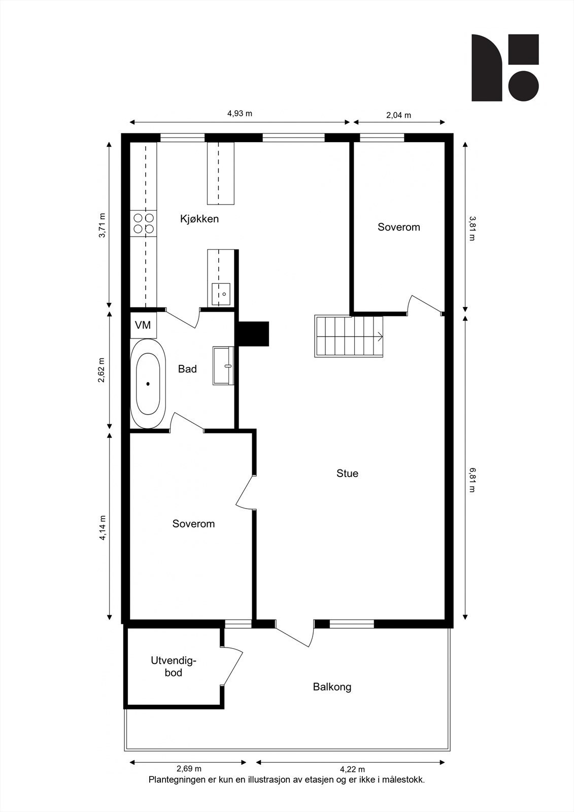 Plantegning 5. etasje. Hovedplanet inneholder stue, kjøkken, bad og to soverom. Galleribilde
