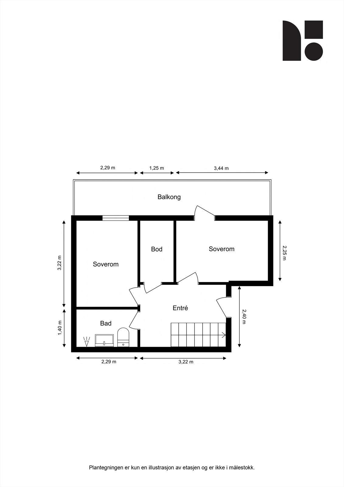 Plantegning 4. etasje. Etasjen inneholder entré, bad, to soverom og en intern bod. Galleribilde