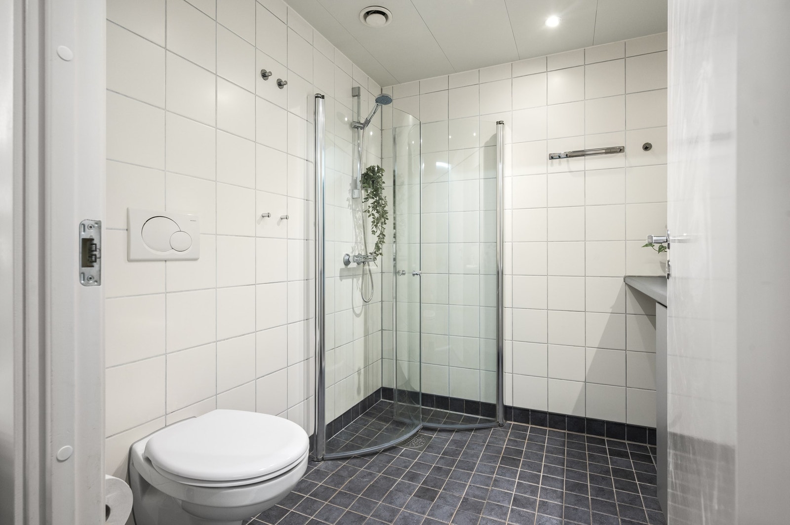 Videre har badet dusjhjørne med svingbare glassdører og vegghengt klosett. Galleribilde