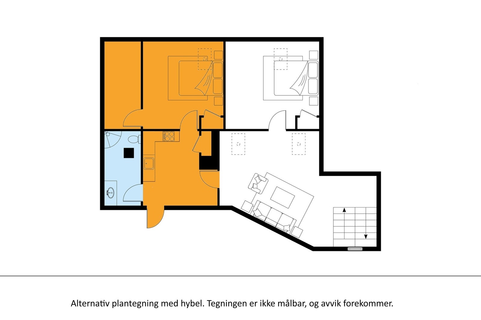 Alternativ plantegning med mulighet for hybel (2 el. 3 roms). Tegningen er ikke teknisk, og avvik forekommer. Galleribilde