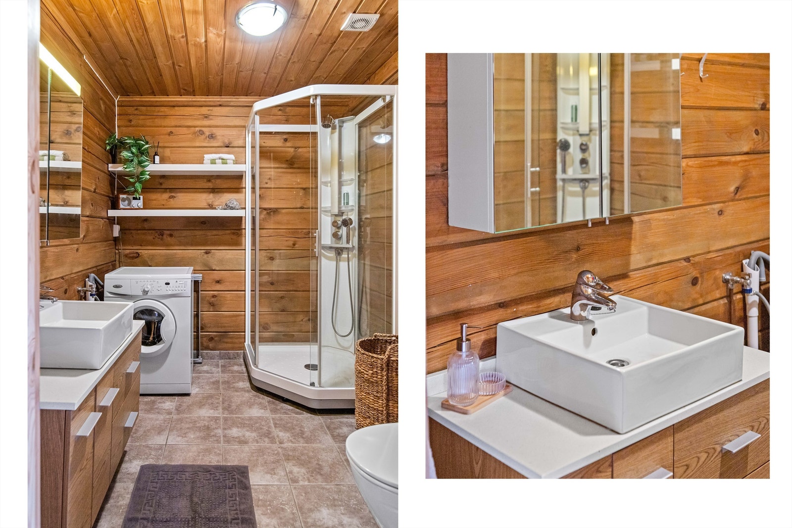 Bad med fliser på gulv og opplegg for vaskemaskin Galleribilde