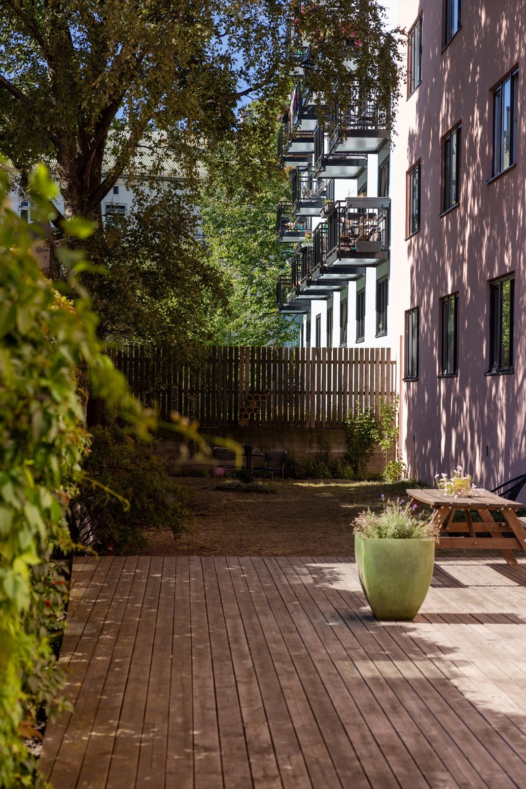 Bakgården ligger skjermet til med grønn hekk. Galleribilde