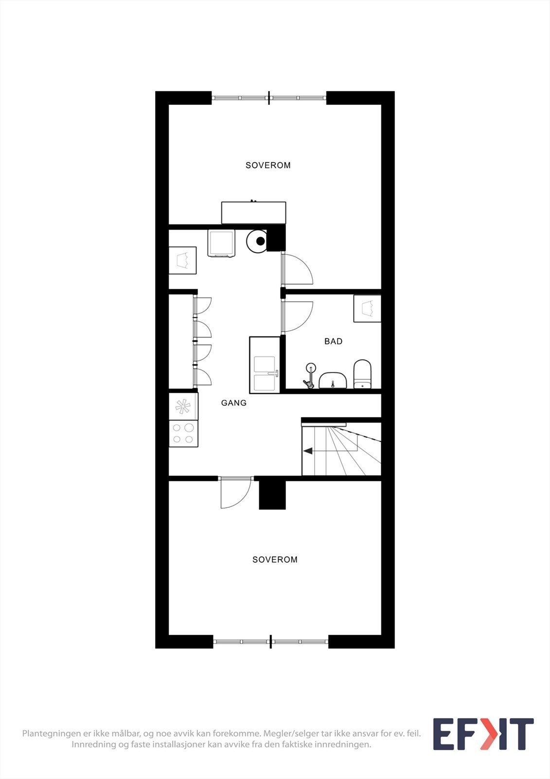 Andre etasje inneholder to soverom, bad og en gang med flere bruksmuligheter. Galleribilde