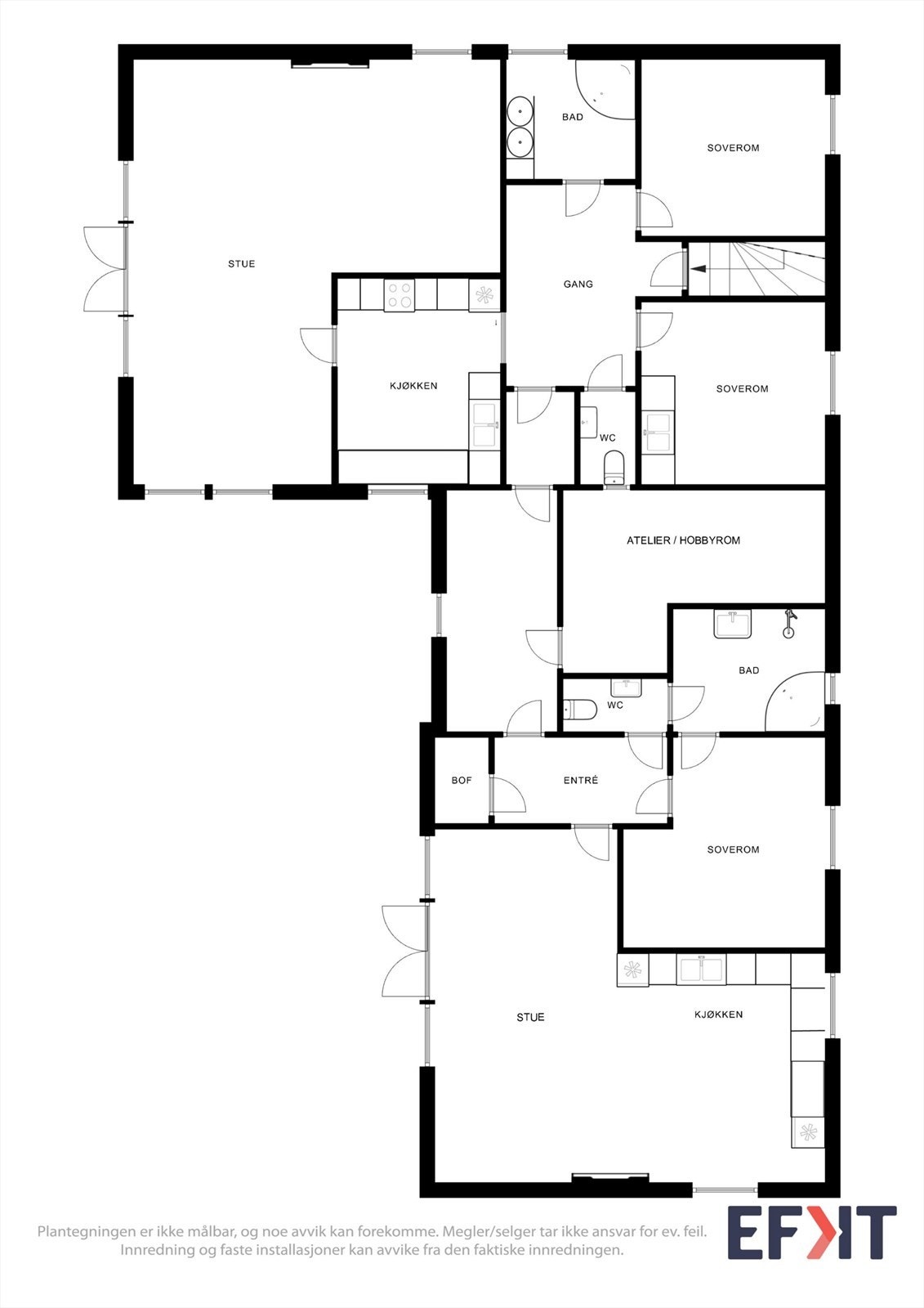 Plantegningen er ikke målbar, og noe avvik kan forekomme. Megler/selger tar ikke ansvar for ev. feil. Innredning og faste installasjoner kan avvike fra den faktiske innredningen. Galleribilde