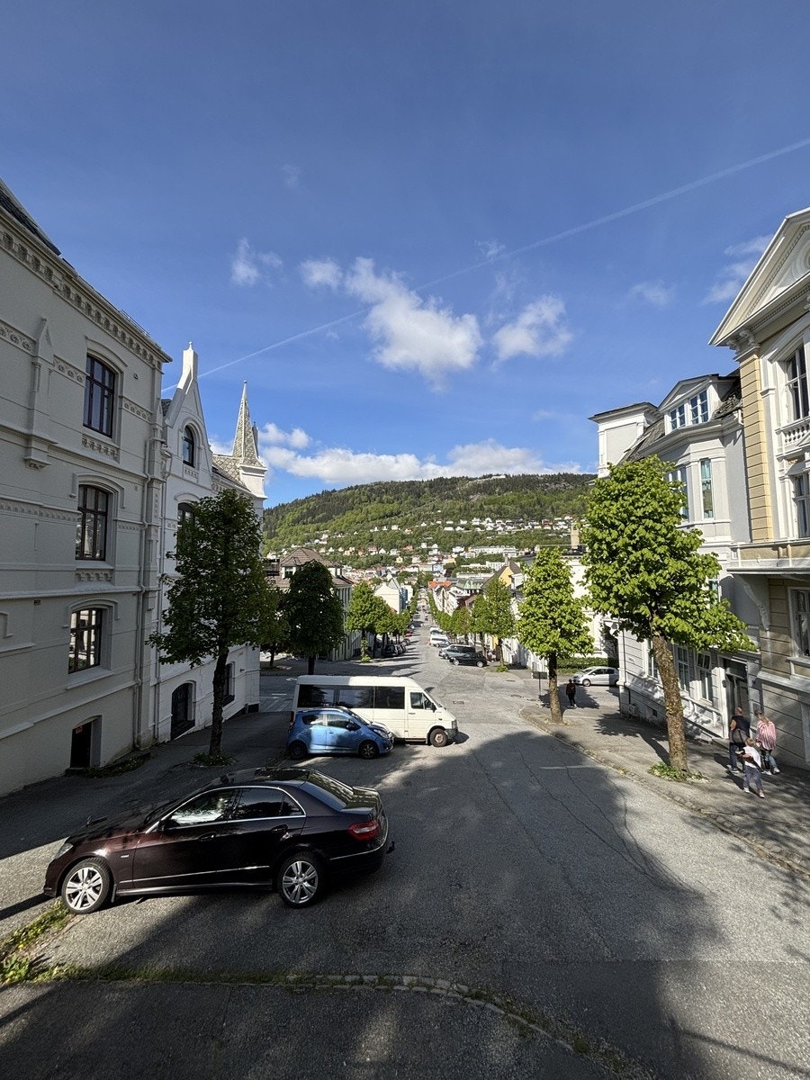 Fin utsikt opptil Fløyen. Nærmeste butikk, Kiwi, er rett ned gata. Kort avstand til alt! Galleribilde