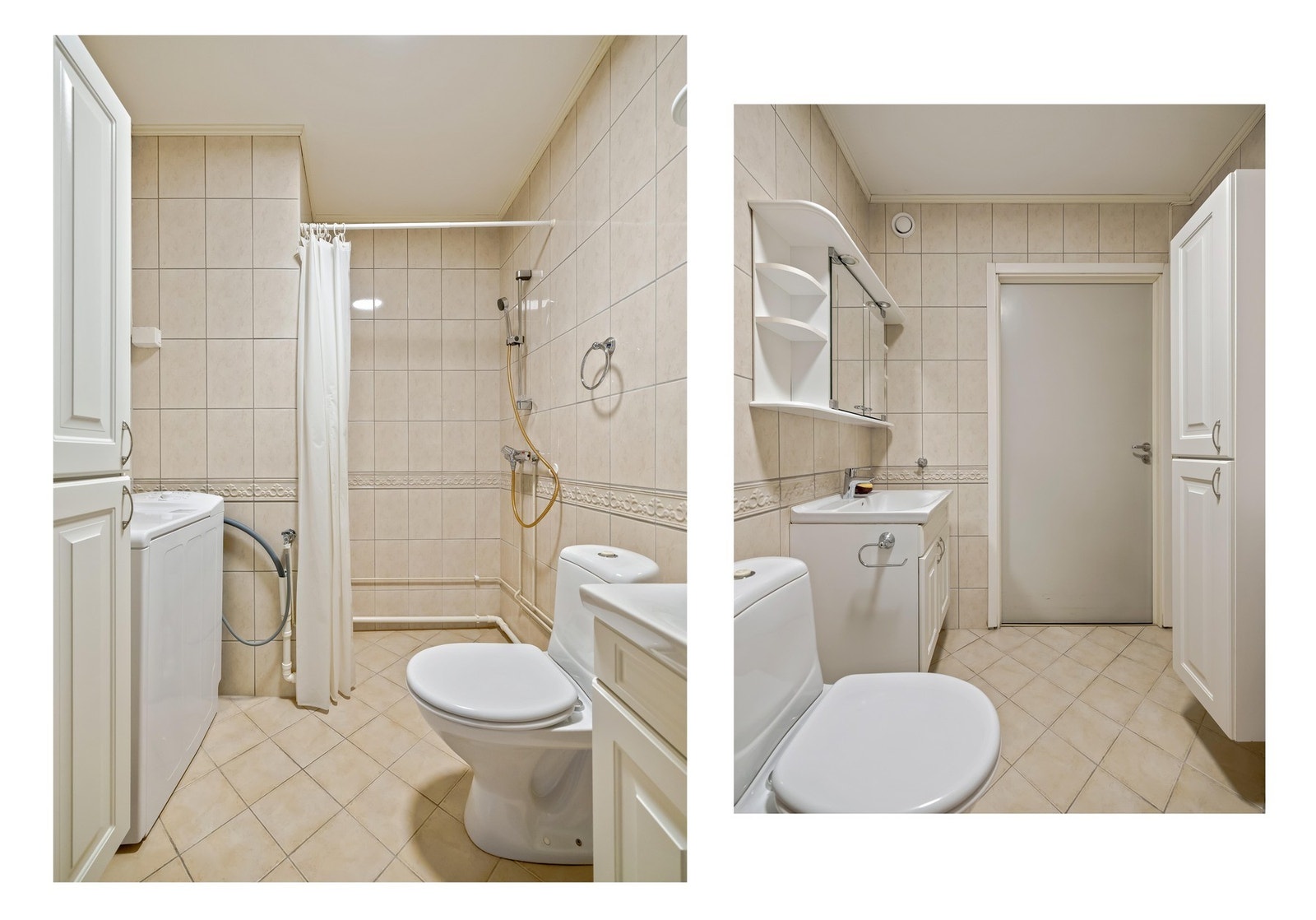 Innredningen består av dusjhjørne med forheng, gulvstående toalett og speilskap. Her er det også elektrisk gulvvarme. Galleribilde