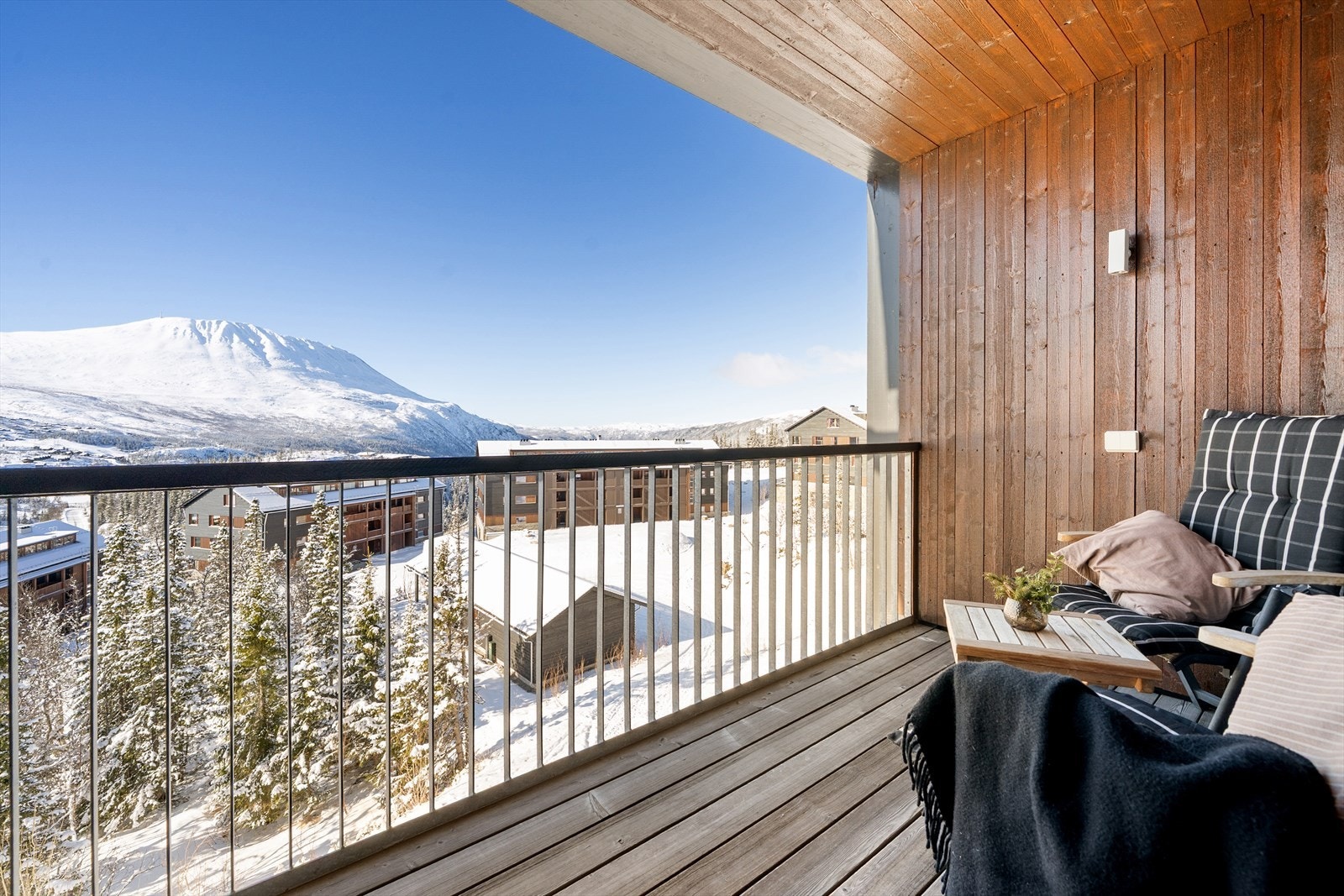 Her er det god plass til utemøbler, og du sitter på første rad med panoramautsikt over alpinbakken, der skikjørerne suser forbi rett foran deg. Til venstre troner majestetiske Gaustatoppen, mens du mot høyre kan skue utover den vidstrakte Hardangervidda. Galleribilde