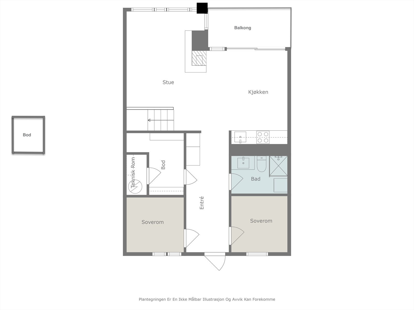 Planløsning 1. plan: entré, 2 soverom, bad 1, stue og kjøkken med spiseplass og utgang til balkong fra kjøkken. Bod/garderobe og teknisk rom, samt utvendig bod. Galleribilde