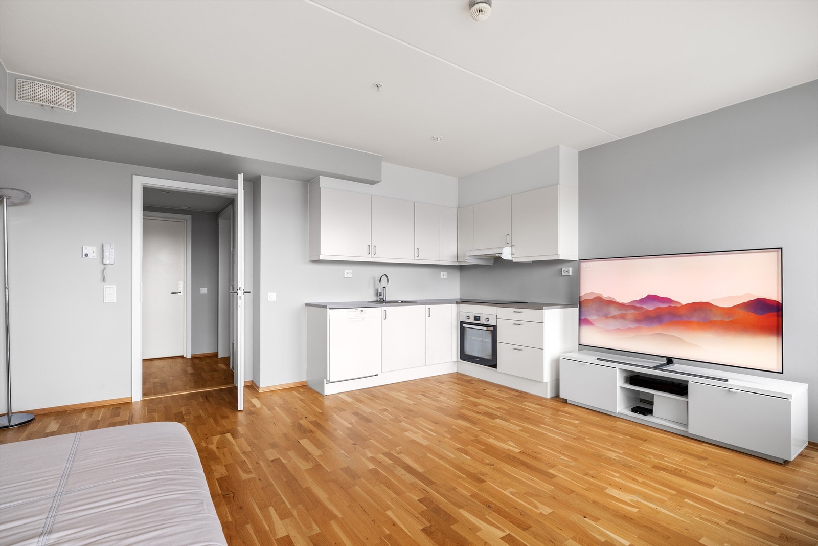 Den åpne stue-/kjøkkenløsningen har god plass til sovesofa, salongbord og tv-seksjon. Galleribilde