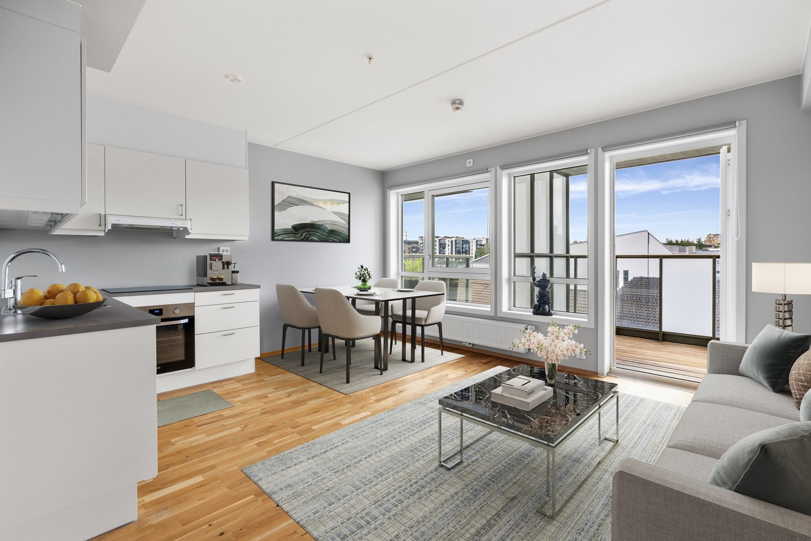 En arealeffektiv og moderne studioleilighet med sentral og attraktiv beliggenhet i Jessheim! Perfekt førstegangskjøp eller pendlerbolig. Bildet er digital stylet. Foto: Peter Futo/Cool Pics AS Galleribilde